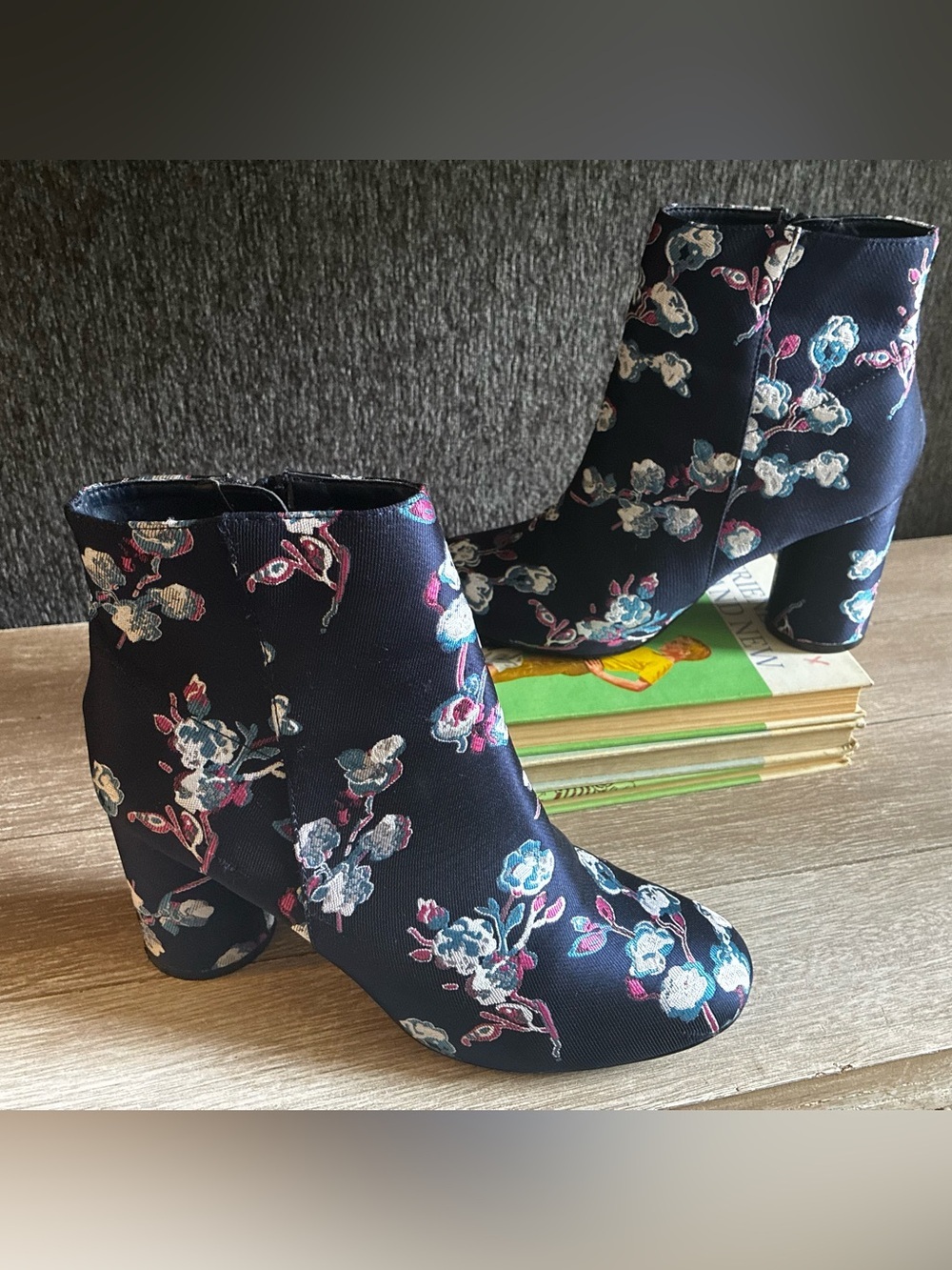 Urban Outfitters Navy Blue Floral Jacquard Juliet Ankle Boots